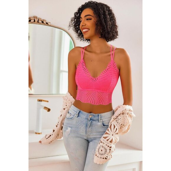 Women's Fluo Pink Lace Camisoles Double-layered V-neck Sexy Bralettes Crop Top - Picture 2 of 5